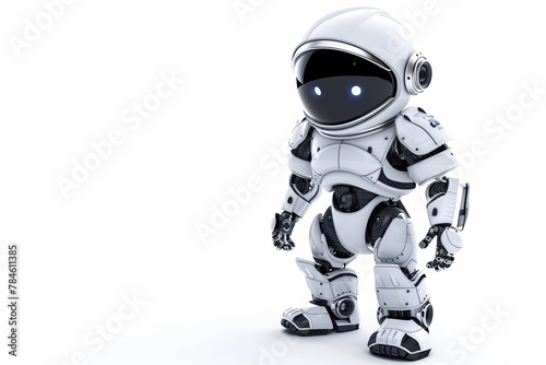 Miniature toy robot astronaut with white eyes isolated on white background with copy space