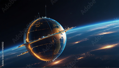 A High tech communication satellite orbiting around the globe earth with futuristic technology datum or data hologram information around it and gps space orbit services banner, black