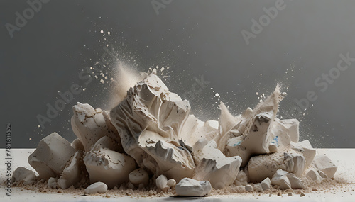 Many broken Rock stone on white background isolated splash dust. abstract broken powder white dirt blast float burst fantasy surface, chalk photo