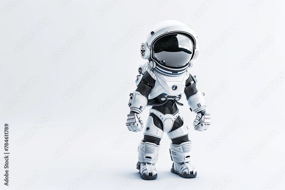 Miniature robot astronaut isolated on white background with copy space