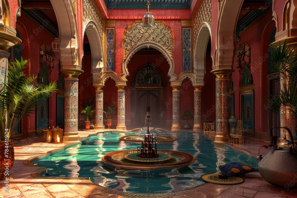 Obraz premium Beautiful and ornate Moorish courtyard with a large fountain in the center