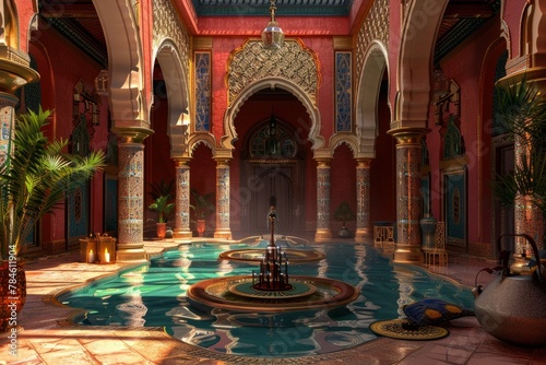 Beautiful and ornate Moorish courtyard with a large fountain in the center photo