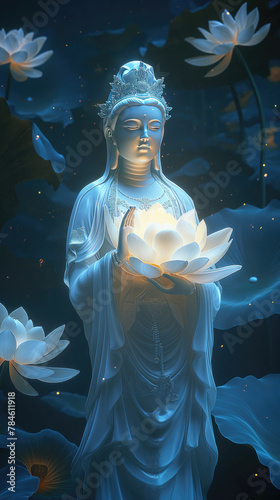 The white jade Guan Yin holds a shining lotus and stands in the lotus pond