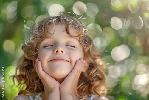 Joyful curly haired child enjoying natures beauty with closed eyes and blurred bokeh lights. Concept of childhood innocence, wonder and connection with the natural world