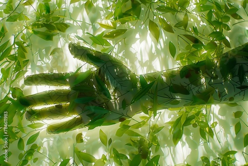Green hand sculpture amidst lush foliage, natures embrace. Concept of environmental harmony, sustainability and eco friendliness