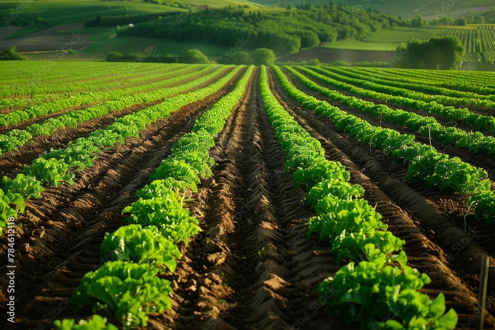 Lush Green Vegetable Farm Rows with Rolling Hills Landscape