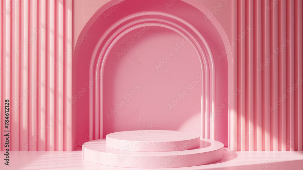 Pink room with circular arch and steps