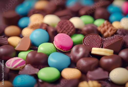 A colorful assortment of various chocolates and candies, including milk and dark chocolate pieces, some with fillings and others with decorative coatings. International Chocolate Day.