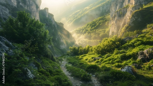 Sunlight filters through trees on mountainous landforms