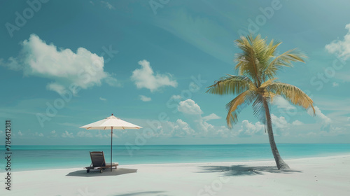 Tropical beach scene with palm tree, chair and umbrella