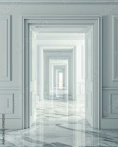 Multiple doors in a corridor, each leading to different business futures, representing pivotal decisions.
