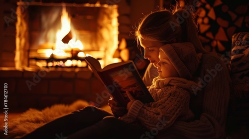 A quiet afternoon with a parent reading a book to their child by the fireplace, the soft glow of the fire illuminating their faces and the bond between them.