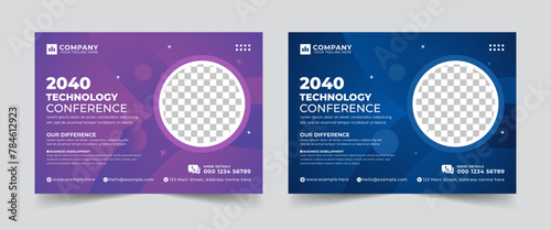 Modern technology conference webinar template and business event invitation flyer layout design, Online webinar, meeting or training promotion banner, photo