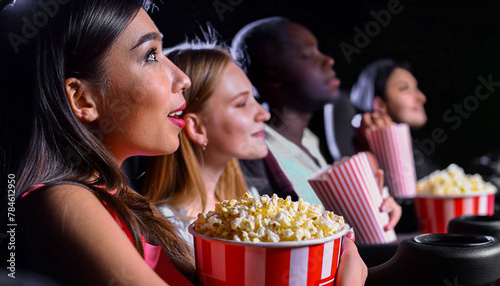 CINEMA: ESPECTADORES ASSISTEM FILME SENTADOS EM CADEIRAS DA SALA DE PROJEÇÃO COMENDO PIPOCA photo