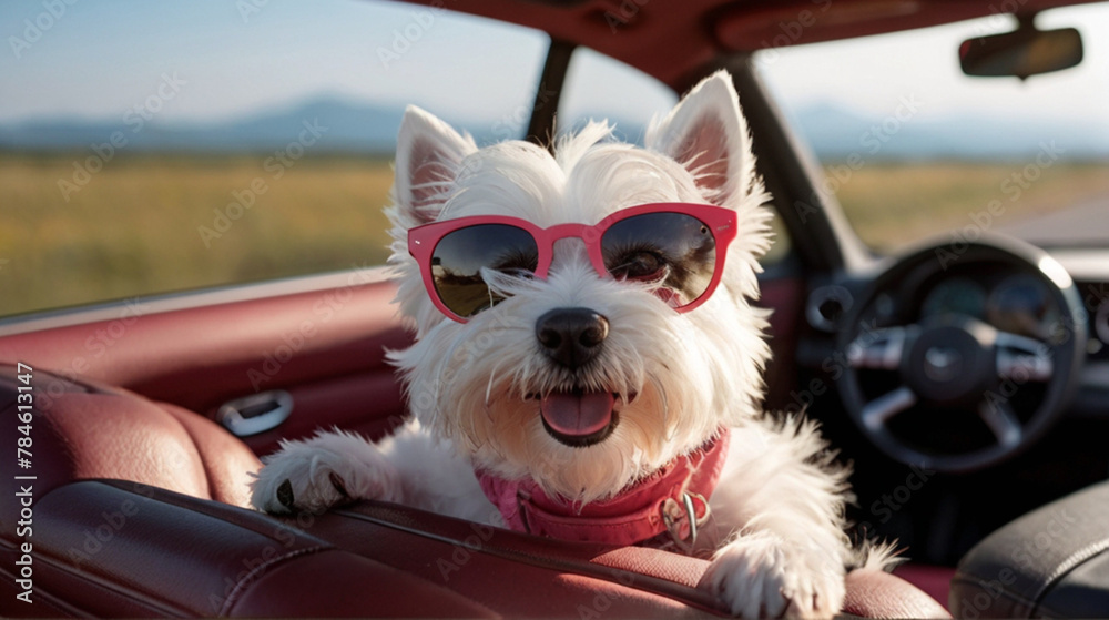 Cute funny dog in sunglasses and summer hat on the road trip peeking from car while traveling on sunny summer day Cute funny dog in sunglasses and summer hat on the road trip peeking from car while traveling on sunny summer day