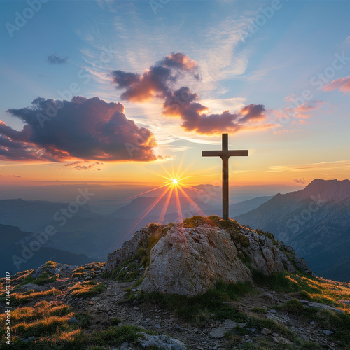 Ortodox cross on the top of mountain with rays of sunset light coming out of the clouds. Ortodox religion concept. Generative AIю photo