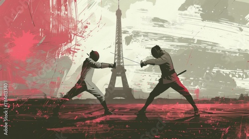 illustration of fencing fight with the eiffel tower in the background. Paris 2024 Olympic Games concept, world sporting event in high resolution photo