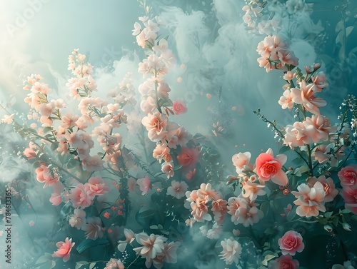 Ethereal Pastel Flowers Blooming in Futuristic Misty Garden Display