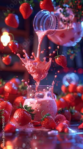 Interactive Holographic Strawberry Milk Pouring and Scattering in Cozy Futuristic Setting