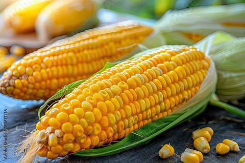 Close-up corn cobs in corn plantation field.