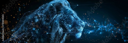 blue digital  hologram lion head   ai in wildlife conservation efforts  habitat monitoring systems  animal behavior analysis  and ecological balance preservation. lion wireframe low poly.  
