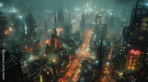 A Futuristic City Glowing Brightly at Night