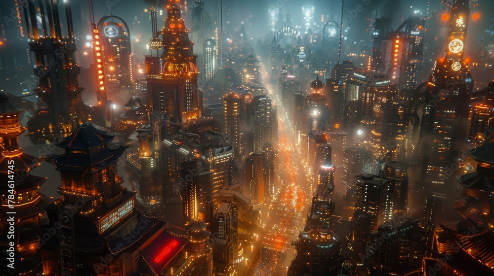 A Futuristic City Glowing Brightly at Night