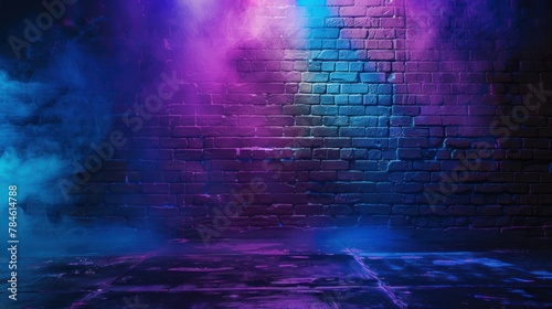 Brick wall, neon light effect and smoke.