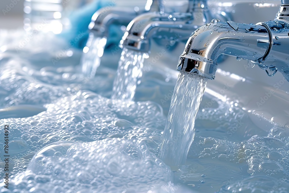 Water runs from a metal water tap. Close up. Water runs from a metal water tap. Close up.