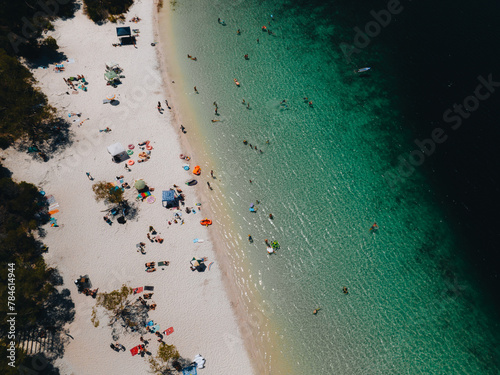 Aerial Drone shot Lake McKenzie, Fraser Island also called kgari, Queensland QLD, Australia. photo