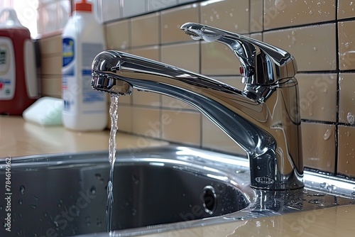 Water runs from a metal water tap. Close up.