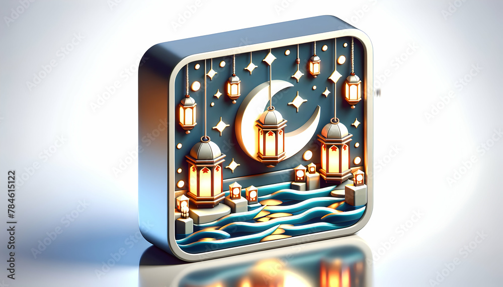 3D Icon of New Moon Signifying the Hijri Year New Beginnings in Islamic New Year Day, Poster Design with White Background 3D Icon of New Moon Signifying the Hijri Year New Beginnings in Islamic New Year Day, Poster Design with White Background