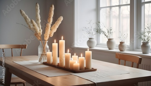Clean Aesthetic Scandinavian style table with decorations. Zen. Spiritual	 photo