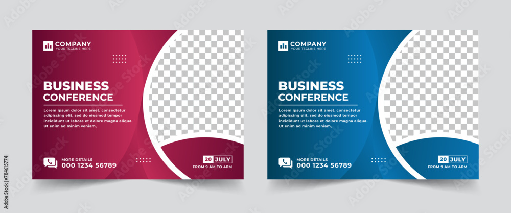 Corporate horizontal business conference flyer template. Technology conference social media banner layout, live webinar event invitation banner