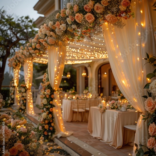 dreamy wedding ceremony setup with white chairs, fairy lights and floral archway. Outdoor wedding setup.