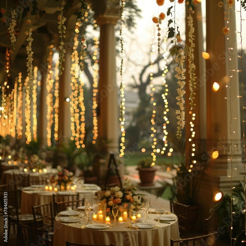 A magical outdoor wedding ceremony setup featuring rows of elegant white chairs, twinkling fairy lights draped overhead, and a stunning floral archway adorned with fresh blooms. 