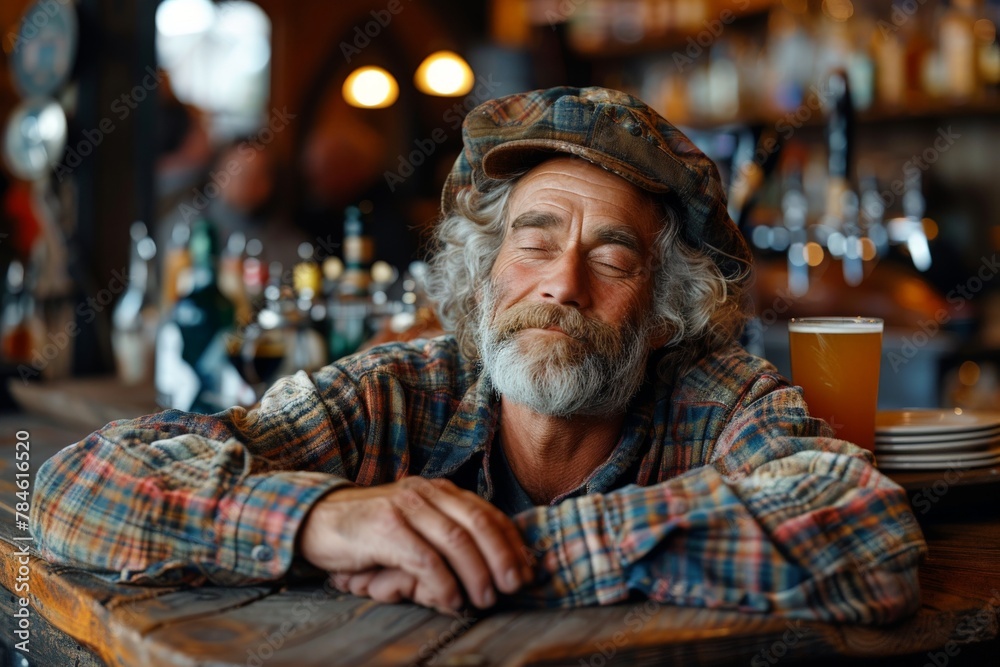 An elderly man with a grey beard is comfortably sleeping by a wooden bar with a pint of beer beside him, showcasing relaxation An elderly man with a grey beard is comfortably sleeping by a wooden bar with a pint of beer beside him, showcasing relaxation