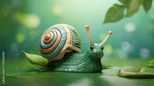 A snail figurine sits on top of a bed of fallen leaves, blending in with the natural surroundings. Generative AI