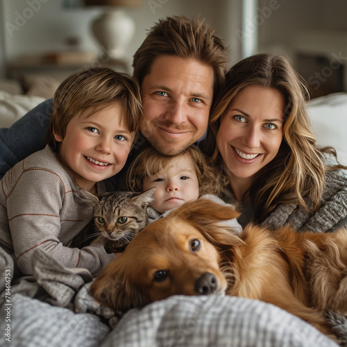 Parents and kids, with cat and dog in couch smiling, happy family with animals