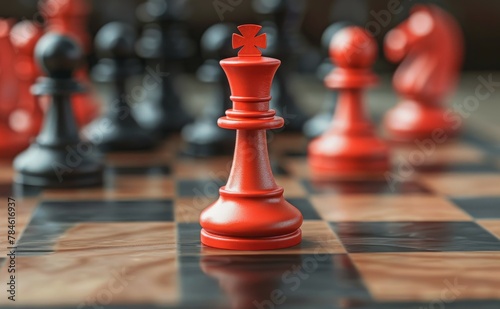 A red chess king standing in front of black chess pieces on a chessboard.