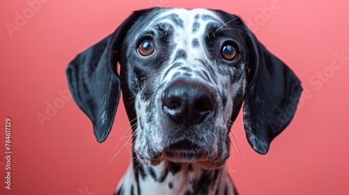 Black and white dog against red background