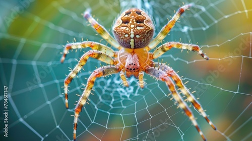 Close-up of a spider in the center of its web