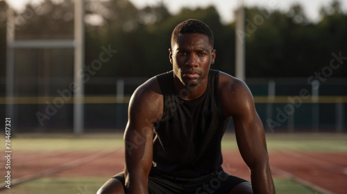 A close up of muscular black man posing after sport training