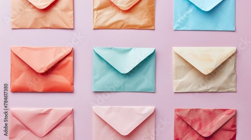 A grid of nine variously colored envelopes against a pink background. photo