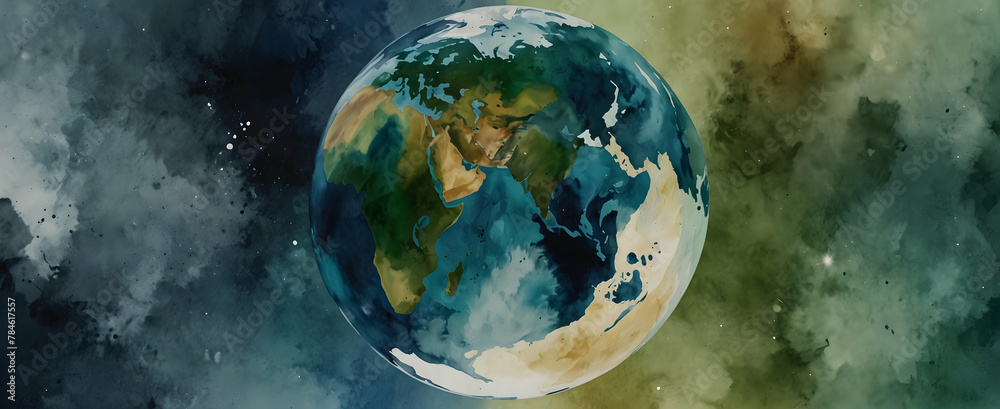 Earth Day Watercolor: Ultra Realistic Gaia Palette Depiction of Space Viewed Earth, Highlighting Blues and Greens in Greeting Cards Theme - obrazy, fototapety, plakaty 