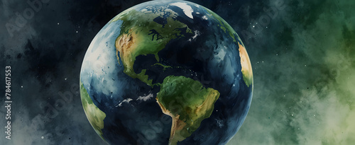 Earth Day Watercolor: Ultra Realistic Gaia Palette Depiction of Earth from Space Highlighting Blues and Greens - Perfect for Greeting Cards and Wallpaper