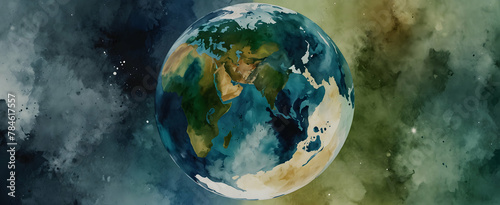 Earth Day Watercolor: Ultra Realistic Gaia Palette Depiction of Space Viewed Earth, Highlighting Blues and Greens in Greeting Cards Theme