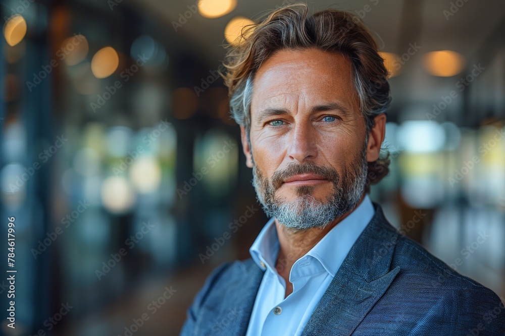 A mature man with a beard and styled hair appears poised and professional in a modern office setting A mature man with a beard and styled hair appears poised and professional in a modern office setting