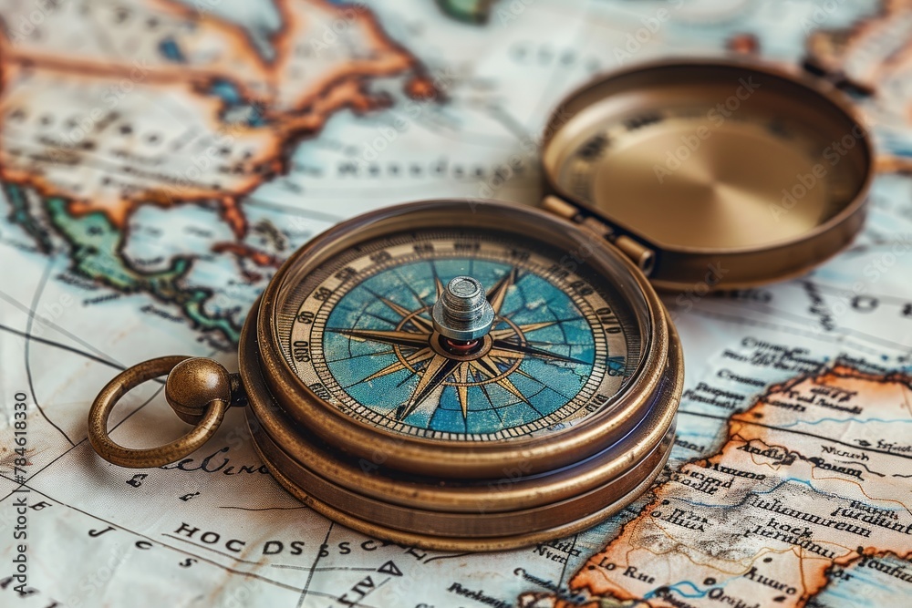 A classic brass compass over an old map featuring Europe, showcasing the age of exploration with intricate details A classic brass compass over an old map featuring Europe, showcasing the age of exploration with intricate details