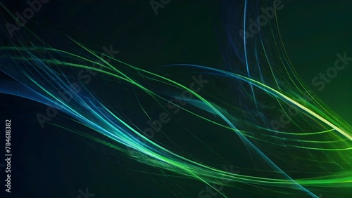 Abstract, line swoosh forms, sharp focus, green and blue light going different directions, green background, Transparente, iridiscente, circular, translúcidos